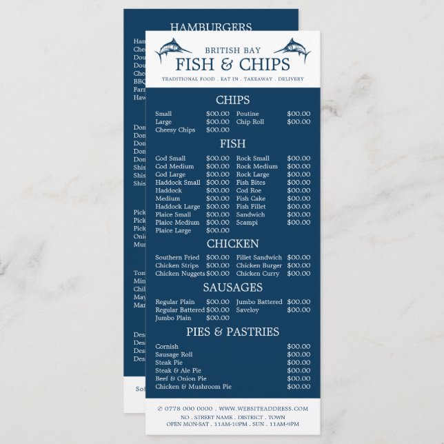 Fish & Chip Shop Restaurant Slimline Menu (Front/Back)