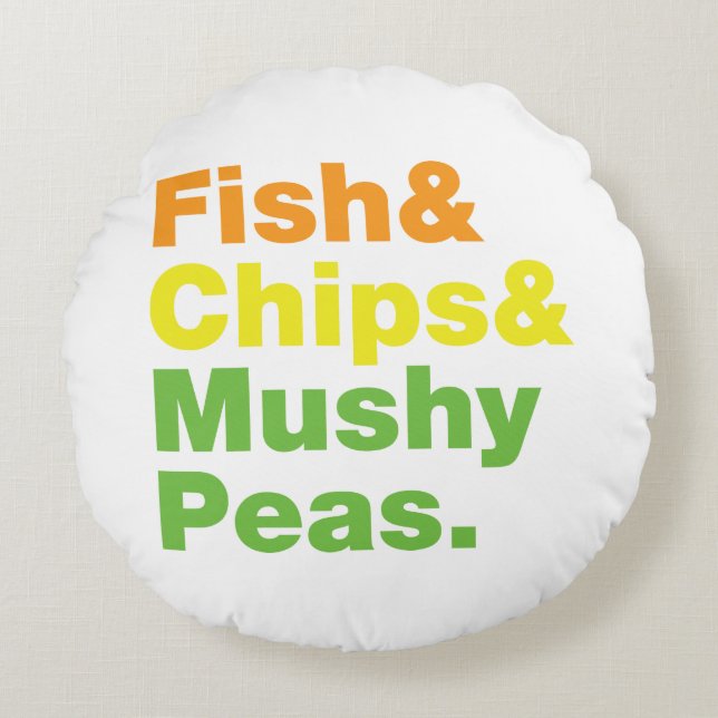 Fish & Chips & Mushy Peas. Round Cushion (Front)