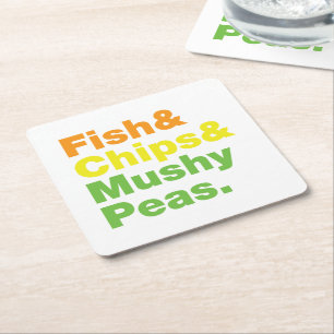Fish & Chips & Mushy Peas. Square Paper Coaster
