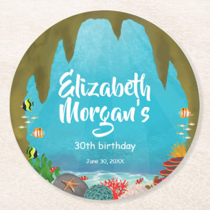 Fish, Coral and Plant Under the Sea Cave Birhday Round Paper Coaster
