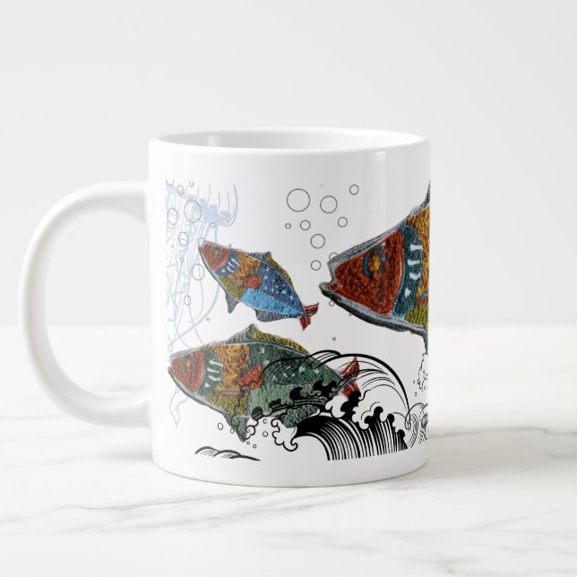 fish design mug/needle punch design/elements large coffee mug (Left)