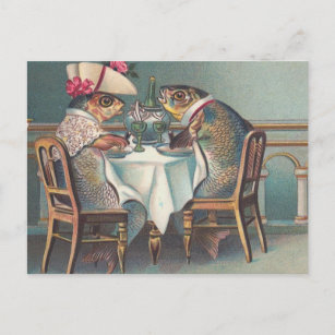 Fish Dinner Vintage Illustration Postcard