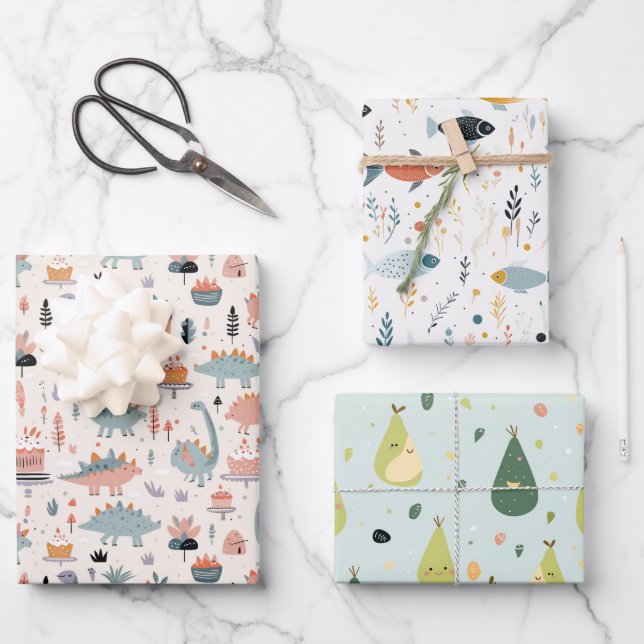 Fish, Dinos & Avo Wrapping Paper Sheet (Front)