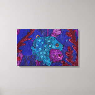 Fish Family in Seaweed, Blue & Purple, Underwater Canvas Print