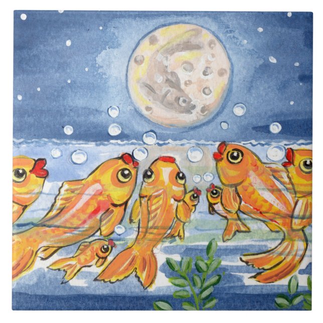 Fish Family & Moon Blue 6" Tile Trivet (Front)