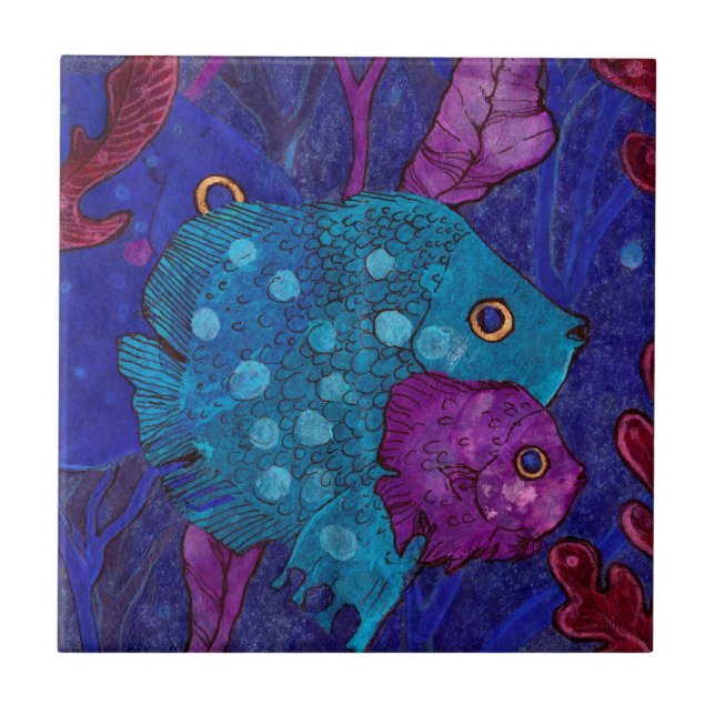Fish Family, Mother & Baby Blue Purple Underwater Tile (Front)
