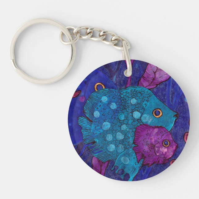 Fish Family, Underwater, Blue & Purple Key Ring (Front)