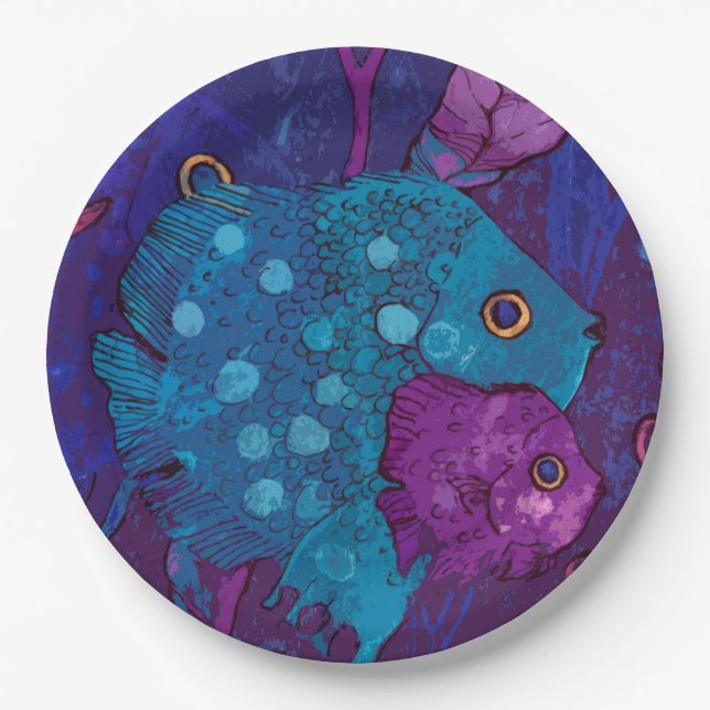 Fish Family, Underwater, Blue & Purple Paper Plate (Front)
