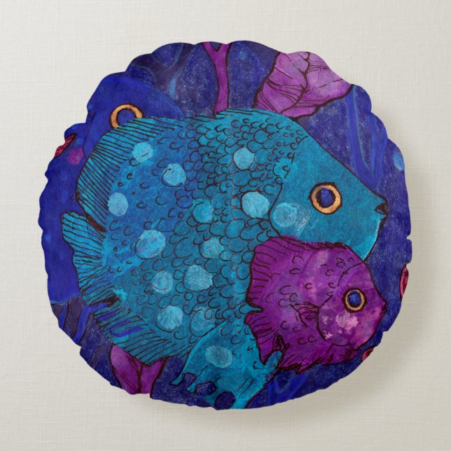 Fish Family, Underwater, Blue & Purple Round Cushion (Front)