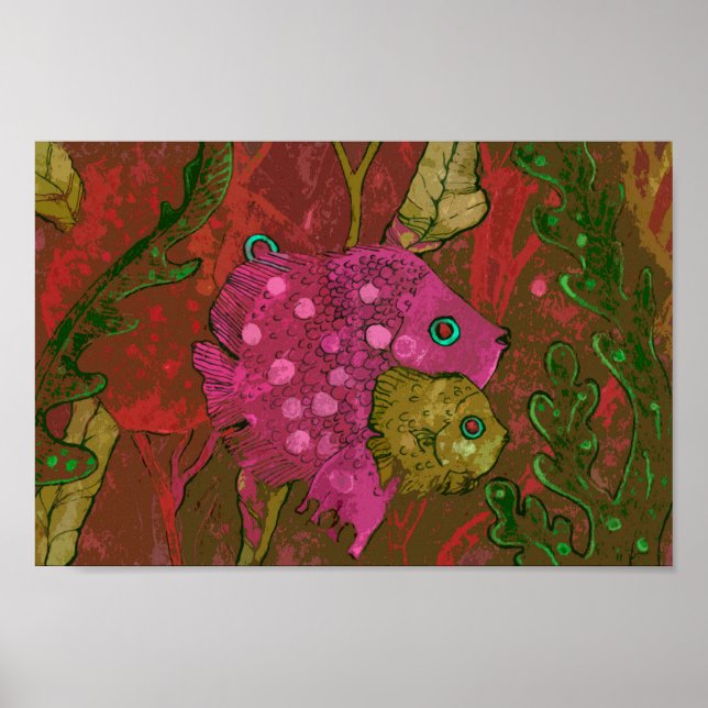 Fish Family Underwater Ocean Animal Art Pink Green Poster (Front)