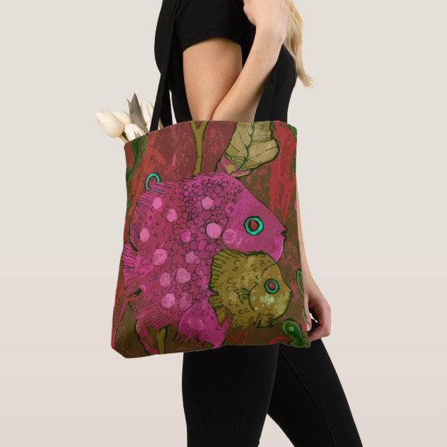 Fish Family Underwater Ocean Animal Art Pink Green Tote Bag (Close Up)