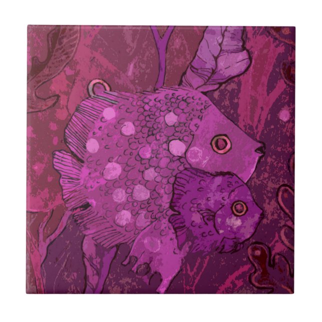 Fish Family Underwater Ocean Nautical Animals Pink Tile (Front)