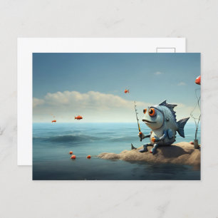 Fish fishing conceptual art postcard