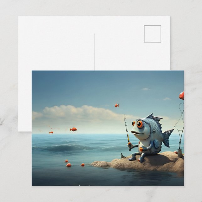 Fish fishing conceptual art postcard (Front/Back)