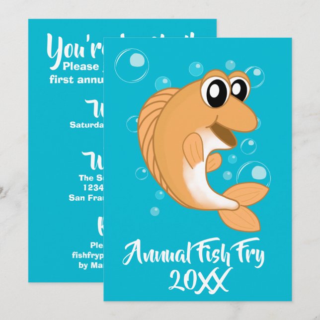 Fish Fry Seafood Boil Party w Orange Yellow Fish Invitation (Front/Back)