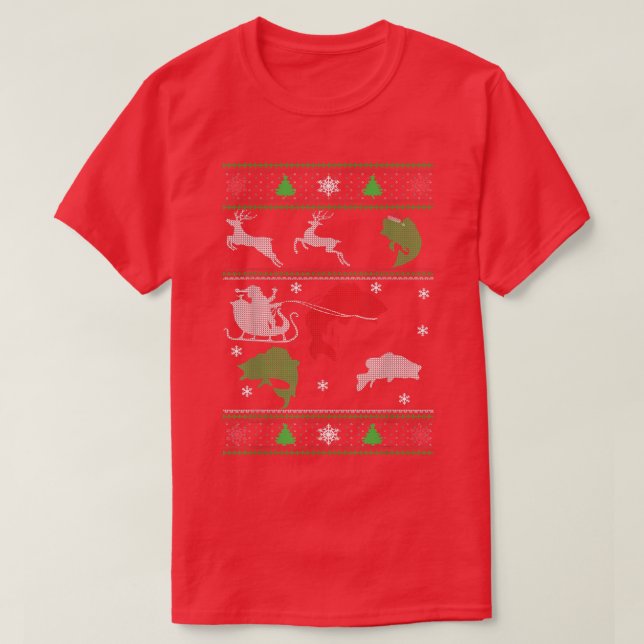 Fish Funny Christmas Snow Pine Tree Fishing Dad Mo T-Shirt (Design Front)
