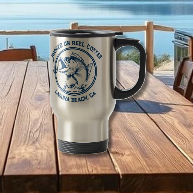 Fish-Funny-Hooked on Reel Coffee Travel Mug (Fish-Funny Travel Mug-Hooked on Reel Coffee-Fisherman Core)
