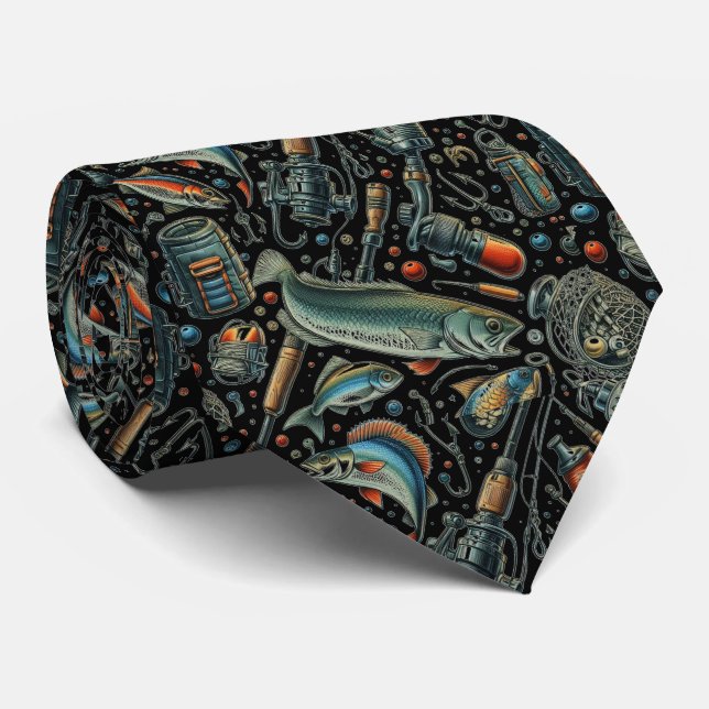 Fish Gear Pattern Fisherman Black  Tie (Rolled)