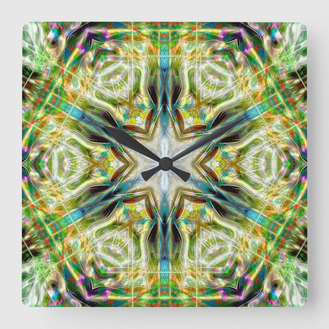 Fish glow sandy texture aged green kaleidoscope square wall clock (Front)