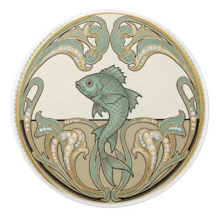 Fish Green Cream & Gold Art Deco Nouveau Ocean Sea Ceramic Knob