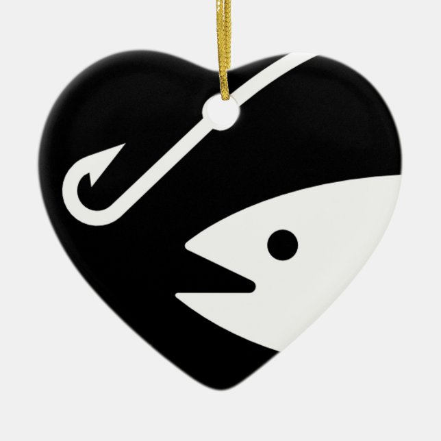 Fish Head and Hook - Black and White Ceramic Tree Decoration (Front)