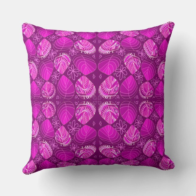Fish Head Leaves Flowers Hearts Magenta  Cushion (Back)