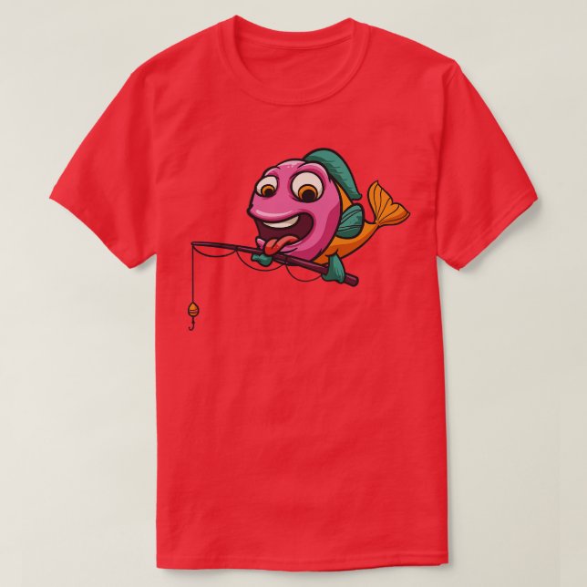 Fish Holding Fishing Rod Pole Fisherman T-Shirt (Design Front)