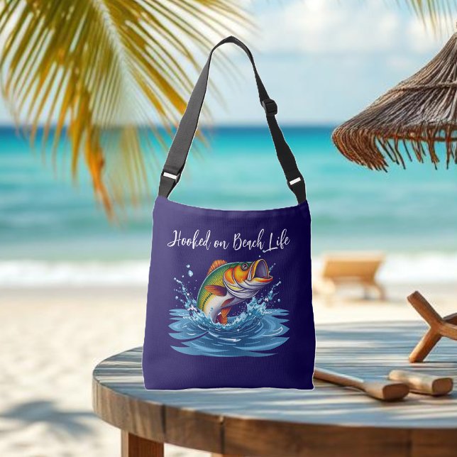 Fish-Hooked on Beach Life Crossbody Bag (Hooked on Beach Life Fish jumping out of the water Fisherman Core Summer Tote )