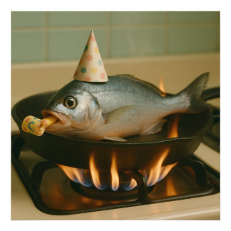 Fish In A Skillet With A Party Hat On Photo Print