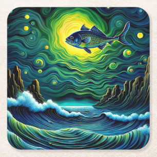 Fish in Moonlight Square Paper Coaster