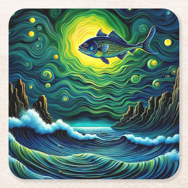 Fish in Moonlight Square Paper Coaster (Front)