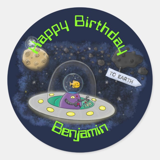 Fish in UFO space ship cartoon illustration Classic Round Sticker (Front)