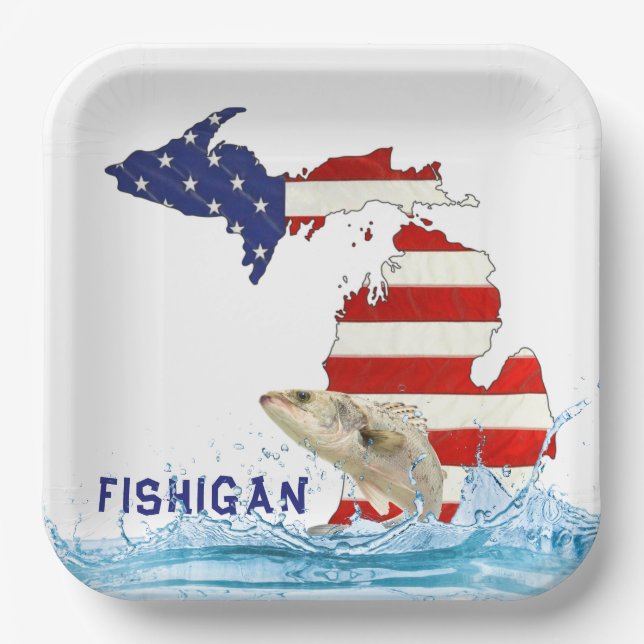 Fish In Water with Flag Michigan Paper Plate (Front)