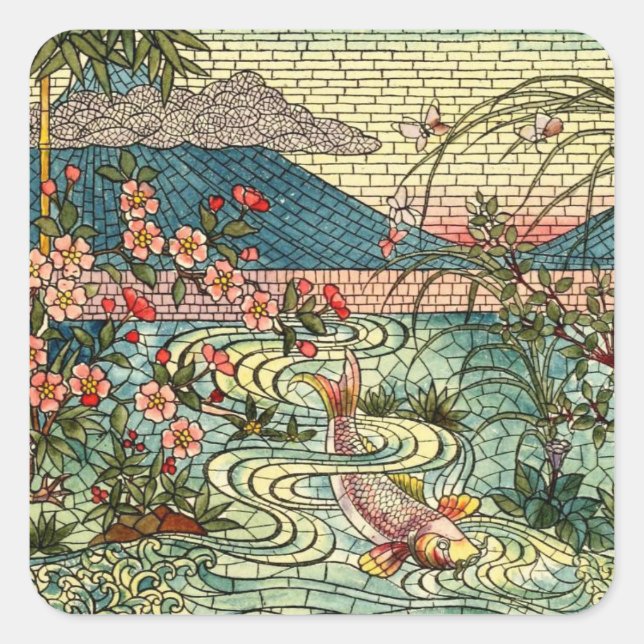 Fish Japanese Stained Glass Design Square Sticker (Front)