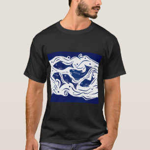 Fish Linocut in Blue and White T-Shirt