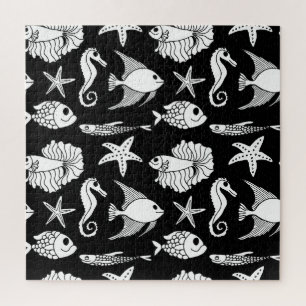 Fish Motif: Black White Pattern. Jigsaw Puzzle