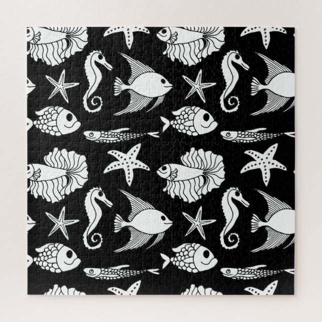Fish Motif: Black White Pattern. Jigsaw Puzzle (Vertical)