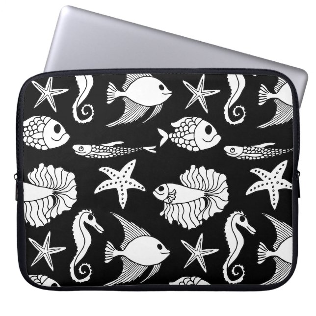 Fish Motif: Black White Pattern. Laptop Sleeve (Front)