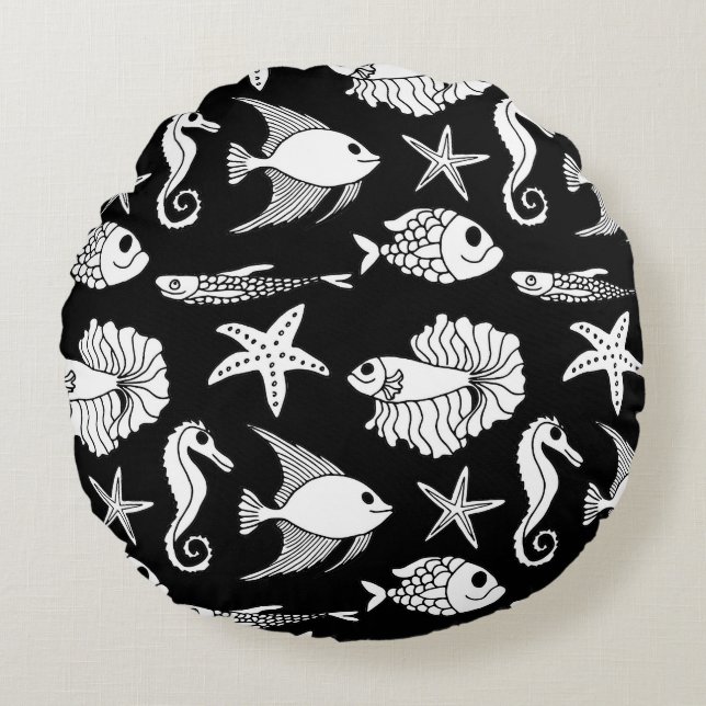 Fish Motif: Black White Pattern. Round Cushion (Front)