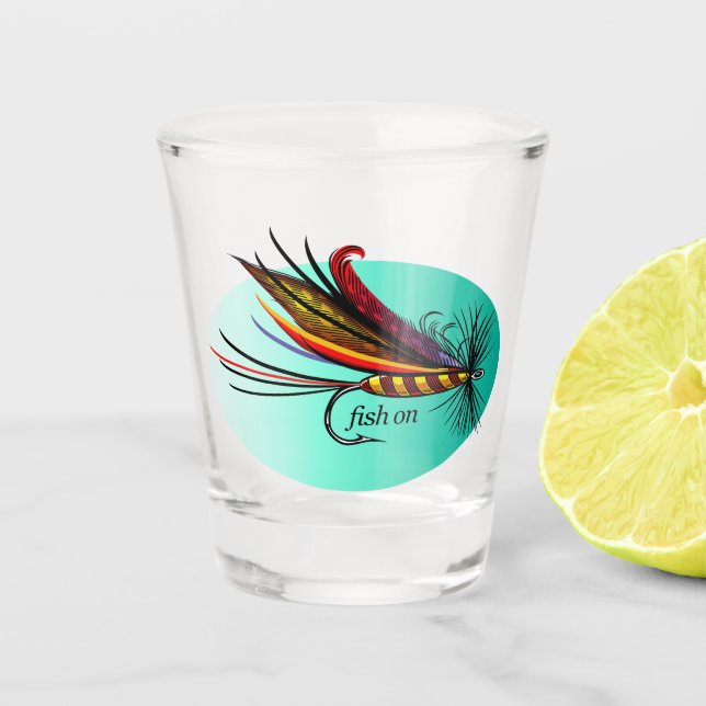 fish on (fly) shot glass (Front)