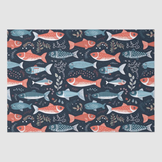 Fish On Navy Cute Illustration Tissue Paper (Front)