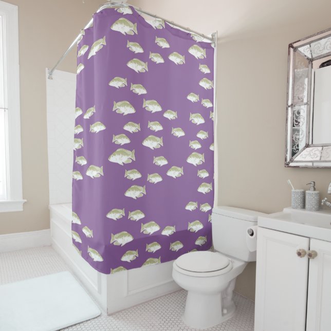 Fish on purple shower curtain (In Situ)