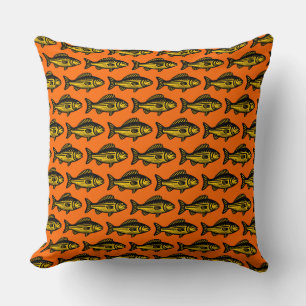 Fish Pattern - Black and Amber on Orange Cushion
