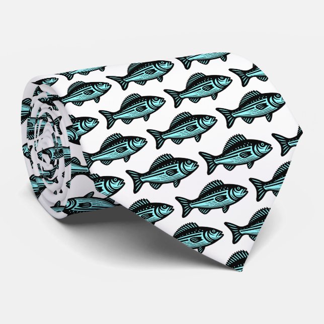 Fish Pattern - Black and Ice Blue on White Tie (Rolled)