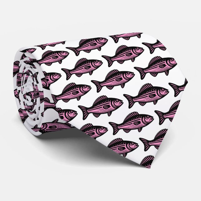 Fish Pattern - Black and Pink on White Tie (Rolled)
