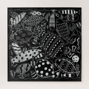Fish Pattern Black And White Modern Art Jigsaw Puzzle
