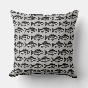 Fish Pattern - Black and White on Grey Cushion