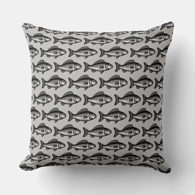 Fish Pattern - Black and White on Grey Cushion (Front)