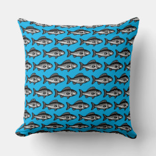 Fish Pattern - Black and White on Sky Blue Cushion
