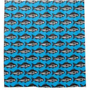 Fish Pattern - Black and White on Sky Blue Shower Curtain